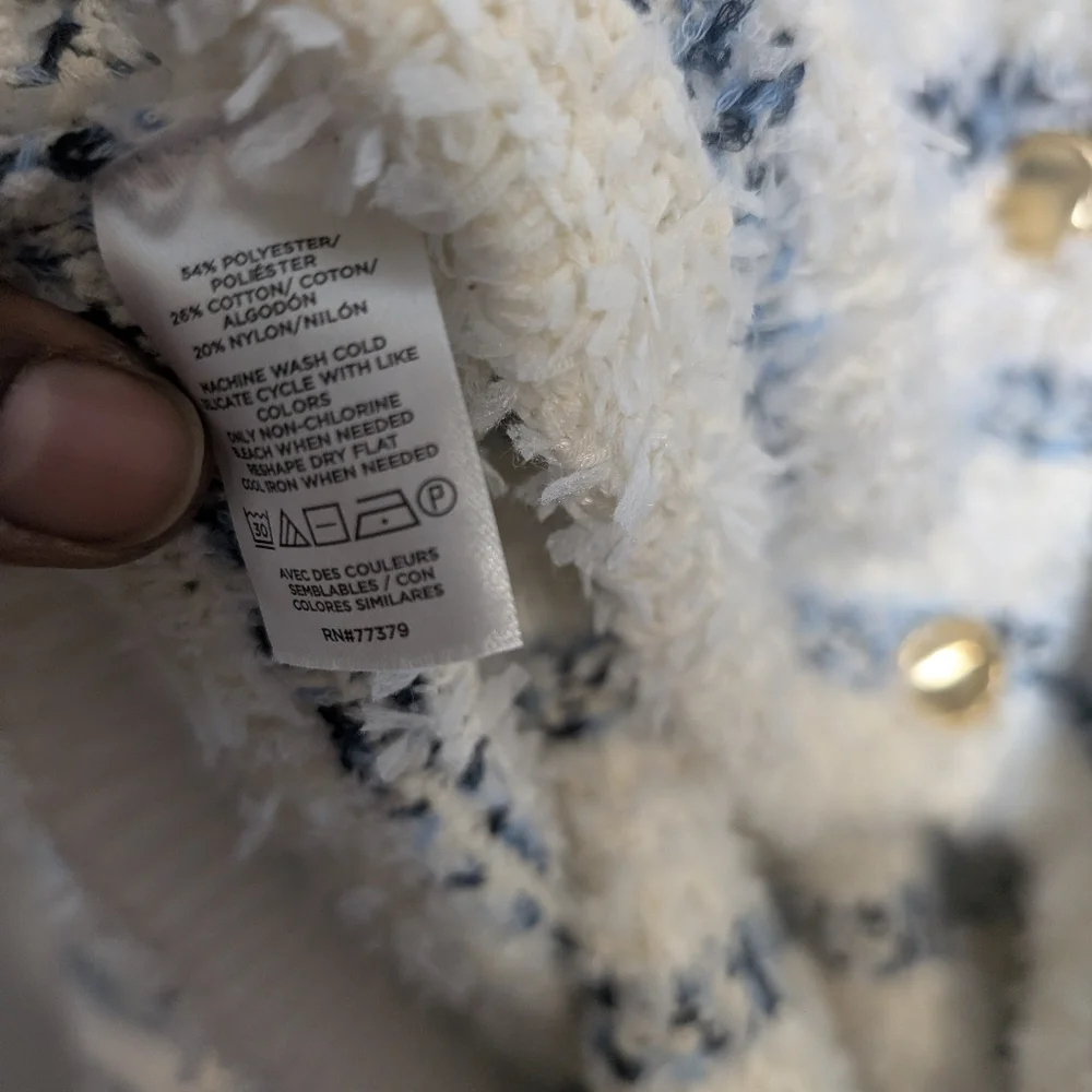Ann Taylor Cardigan Set Tweed Stripe Gold Button Blue White Fuzzy Sweater Sz S